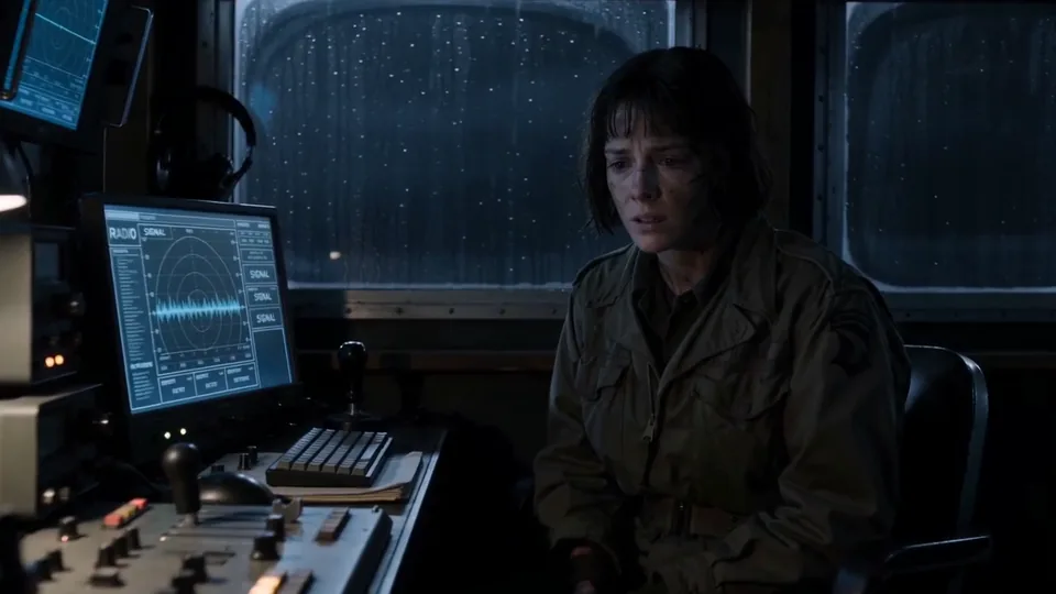 A woman at a radio console on a rainy night