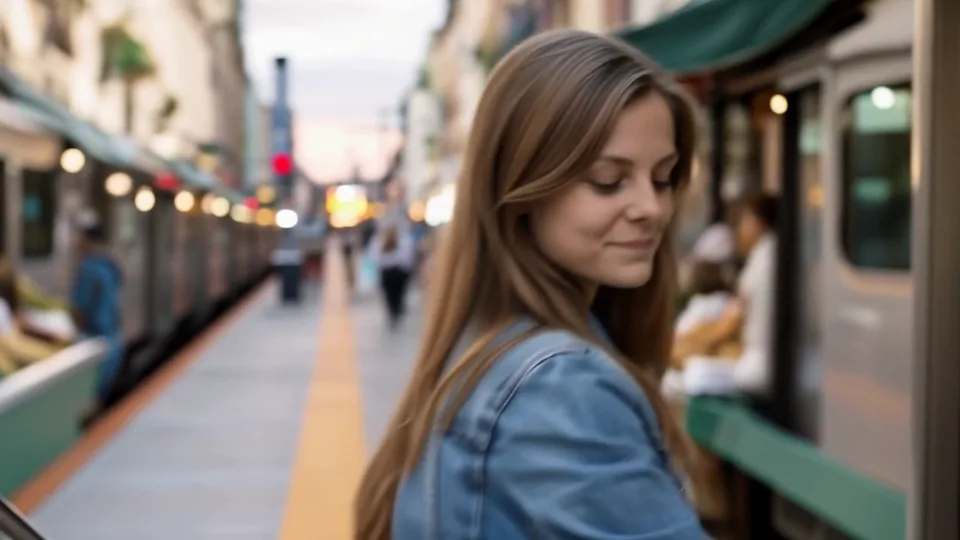 A young woman in a denim jacket on a busy station platform