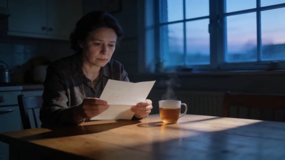 A woman reads a letter at a table by the window at dawn