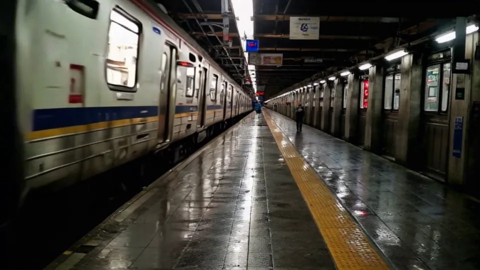 A long platform between two trains