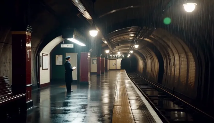 The conductor in a tunnel station, wide shot
